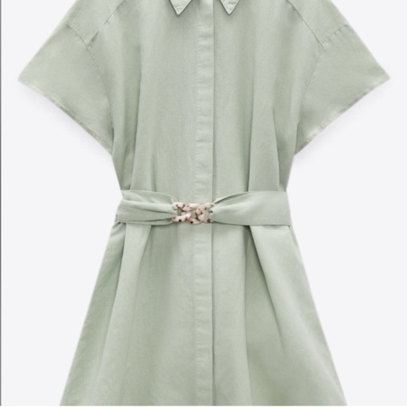 Zara Green Linen Collar Belted Dolman Sleeve Mini Dress - Picture 4 of 10